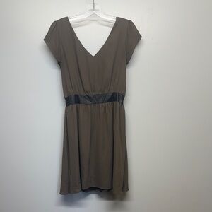 Lady Dutch V-Neck Taupe Midi Dress with Black Snakeskin Waistband